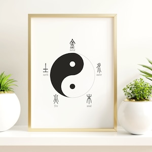 Yin Yang, Yin and Yang, 5 Elements Wall Art, Chinese Art, Feng Shui, Meditation Decor, Mantra Wall Poster, Yoga Studio Decor, Yogi Gifts