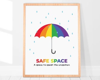 Safe Space Rainbow Umbrella Art Print: LGBTQ Classroom Decor (Digital Download)