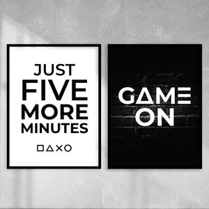 Set of 2, Just Five More Minutes, Game On, Gamer Print Set, Video Game Poster, Boys Decor, Gamer Gift, Printable Wall Art, Digital Prints