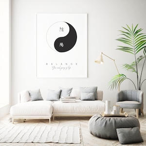 May include: A black and white yin yang symbol with Chinese characters, surrounded by a white border. The text "BALANCE" is below the symbol, and the text "You need yang of life" is below that.