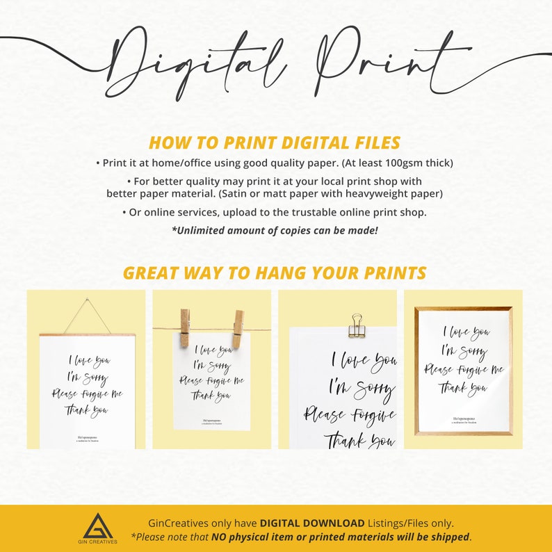 May include: Digital printable art prints with the text "I love you, I'm sorry, Please forgive me, Thank you". The prints are shown hanging on a wall with clothespins.