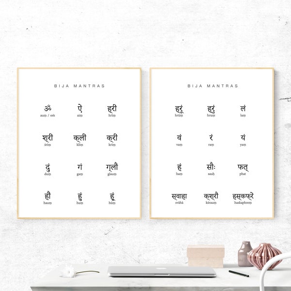 Set of 2, Bija Mantras Dictionary, Shakti Bija Sanskrit Mantras, Sanskrit Alphabet Chart, Mantra Wall Poster, Yoga Decor, Printable Wall Art