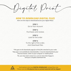 May include: A white background with black text explaining how to download digital files from Etsy. The text includes the steps to download the files, including going to your account, looking for the order, and clicking the download files button. The text also includes a note that the Etsy app is not available for downloading files.