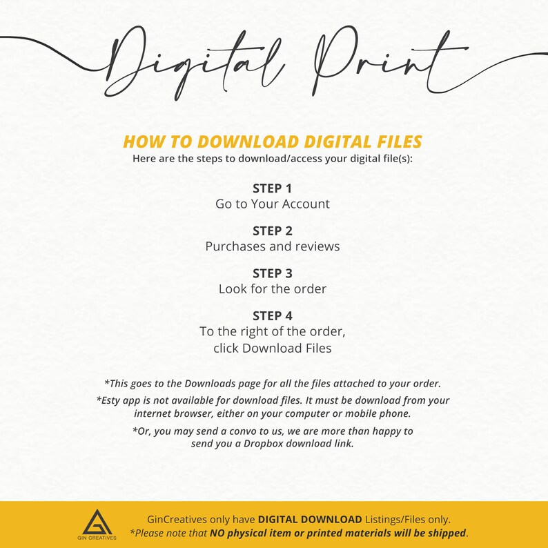 May include: A white background with black text explaining how to download digital files from Etsy. The text includes the steps to download the files, including going to your account, looking for the order, and clicking the download files button. The text also includes a note that the Etsy app is not available for downloading files.
