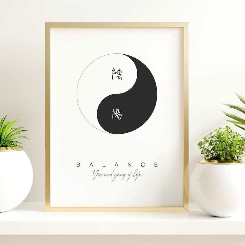 May include: A black and white yin yang symbol with Chinese characters for yin and yang. The symbol is surrounded by a gold frame and the text "BALANCE Yin and yang of life" is below the symbol.