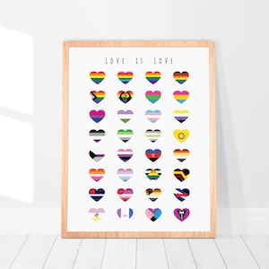 Flags of LGBTQIA, Rainbow Heart, Love Is Love Poster, Flag Poster, All Pride Flags, Pride Art Print, LGBTQ Decor, LGBT Printable Wall Art