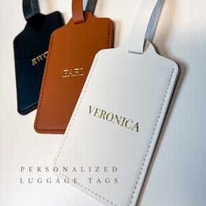 Gepersonaliseerde bagagelabel, veganistisch leren bagagelabel, reizen, gepersonaliseerd cadeau, huwelijkscadeau, cadeau voor stel, plaatskaartjes evenement, cadeaukaartjes