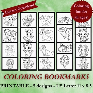 Dragon Bookmark Set - Printable Coloring Bookmarks, Kids and Adult Reading Tracker Pack, Whimsical cartoon dragon bookmarks