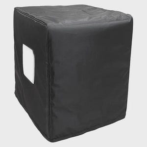May include: A black, square cover with a white rectangular aperture on the side. The cover is likely made of a smooth, possibly water-resistant material. The item is designed to protect an object.