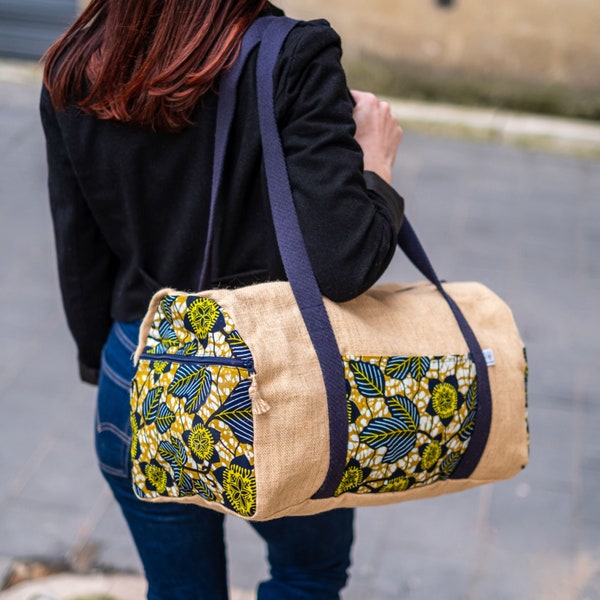 Sac de voyage week-end sport pour Homme Femme en toile de jute beige et coton bleu marine Motifs Platane