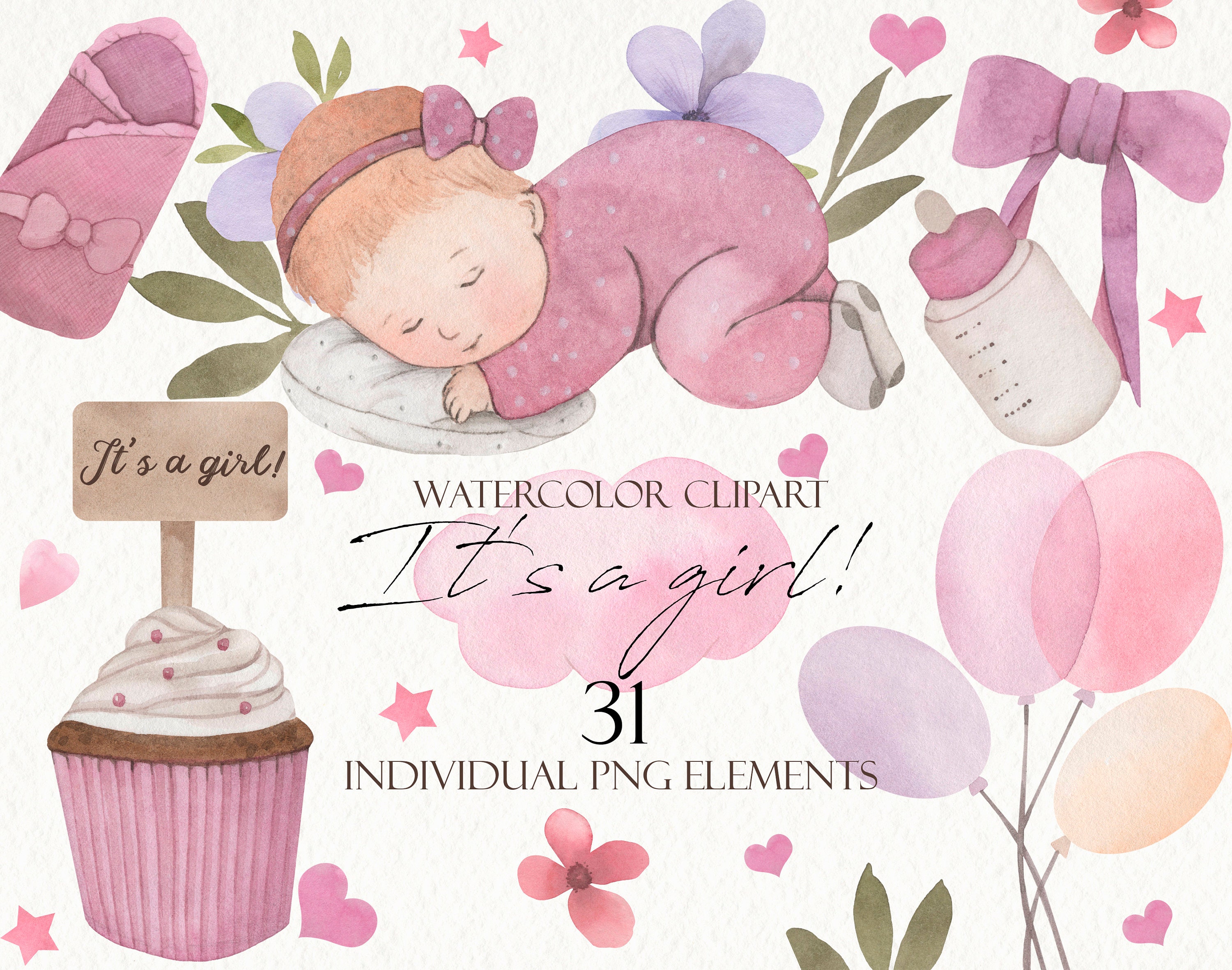 Watercolor baby girl clipart Newborn baby hand painted Etsy