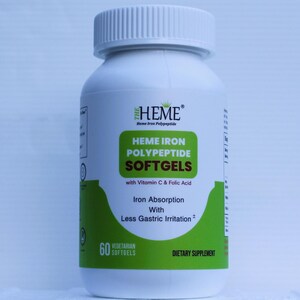 May include: A white bottle with a green label containing 60 vegetarian softgels of Heme Iron Polypeptide dietary supplement. The label states that the supplement contains Vitamin C and Folic Acid and promotes iron absorption with less gastric irritation.