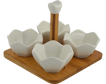 4-pc set of white ware sauce bowl with bamboo