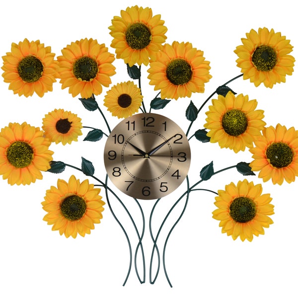 Metal wall clock with sunflowers