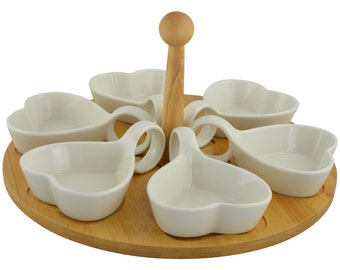 6-pc set of white ware cermic serve bowls with bamboo on lazy susan