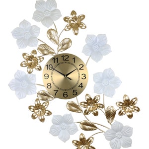 Three Star gold & white finish ornate large floral wall clock