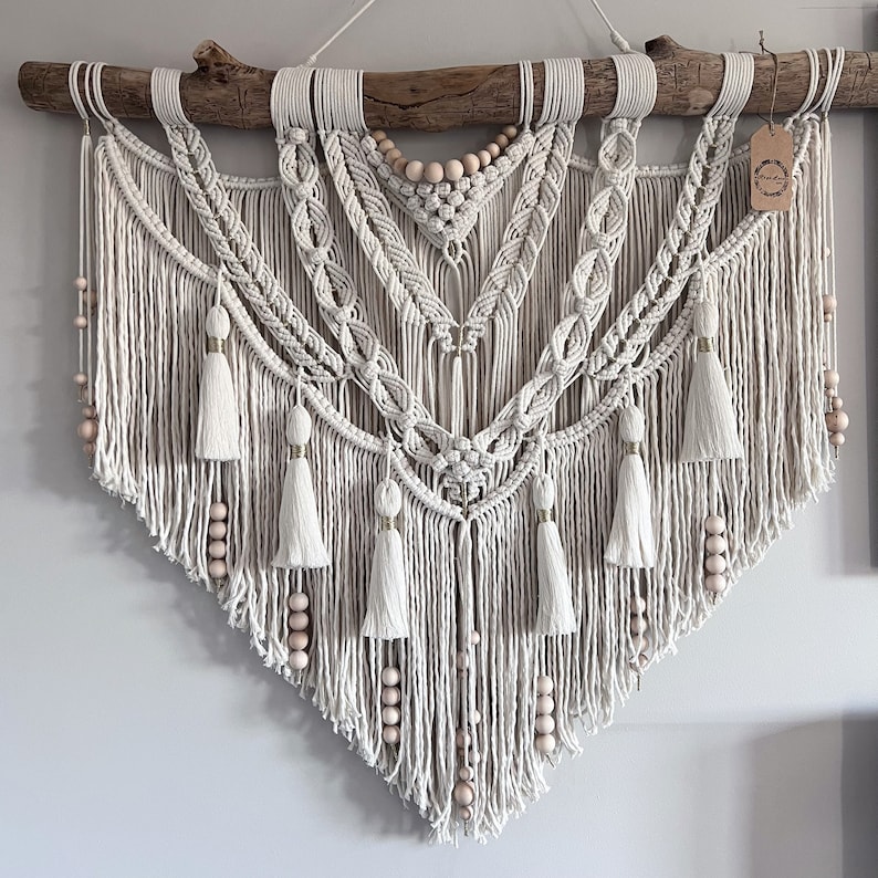 Macrame wall hanging on driftwood, Macrame wall decor, Hanging wall decor, Modern macrame headboard, Large wall hanging fiber art, Japandi