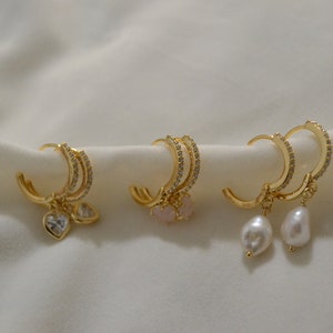 CZ Hoop Earrings, Rose Quartz Earrings, Pearl Earrings, Cubic Heart Earrings, Gold Plated Earrings, Hoop Huggies