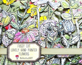 Handpainted Flowers Fussy Cut pages Kit, 9 Sheets, Printable Flowers, Junk Journal Ephemera, nature, botanical, Flower ephemera, Digital