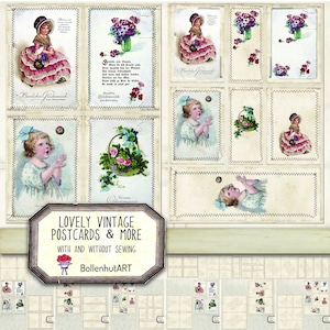 Adoráveis cartões postais vintage DIGITAL, 12 folhas, cartões de registro no diário, costura, papel para scrapbooking, DIN A4, download instantâneo, papel para diário indesejado