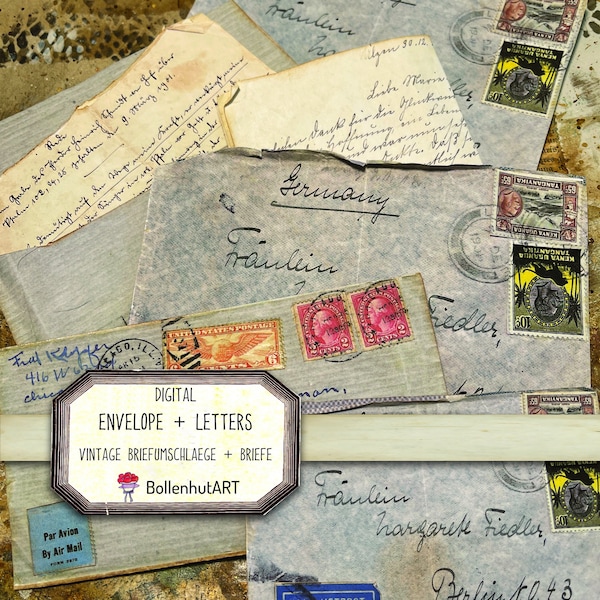 DIGITAL Vintage Envelopes + Letters from 1936 / 1901, 6 Sheets,  Briefumschläge, Scrapbook Paper, DIN A4, Inst. Download, Junk Journal Paper