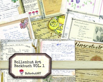 DIGITAL Bollenhut Art Bakbuch Vol. 1, 24 hojas, recetas de pasteles, papel de scrapbooking, DIN A4, descarga instantánea, papel de diario basura