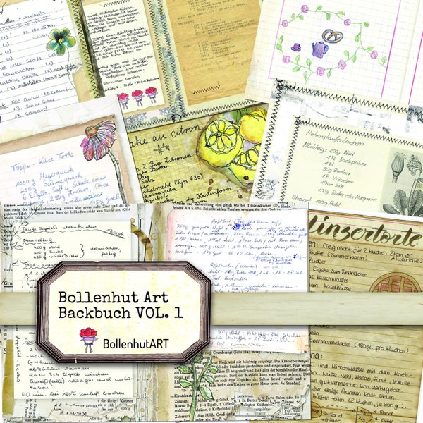 DIGITAL Bollenhut Art Bakbuch Vol. 1, 24 hojas, recetas de pasteles, papel de scrapbooking, DIN A4, descarga instantánea, papel de diario basura