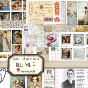 NELE Vol. 1 - Junk Journal Kit, 28 DIN A4 Seiten, Papier Download, Vintage Fotos, Sprüche, floral, Engel, für Notizbücher, Scrapbook