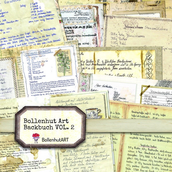 DIGITAL Bollenhut Art Backbuch Vol. 2, 24 Sheets, Kuchenrezepte, Scrapbooking Papier, DIN A4, Instant Download, Junk Journal Paper