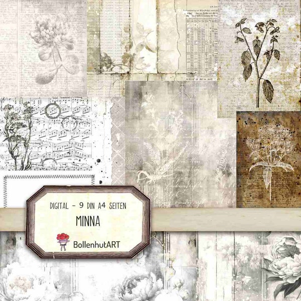 MINNA, Junk Journal Hintergrundseiten, botanische Seiten, für Junk Journals, digitales Papier, DIN A4, Scrapbook Papier, Download