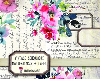 DIGITAL Vintage Schoolbook, Collage Sheets, Master Board, Botanical, Label, Scrapbooking Paper, DIN A4, Instant Download, Junk Journal Paper