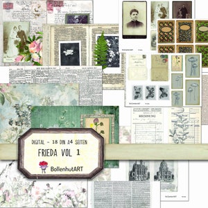 FRIEDA Vol. 1, Digital Papier Set - 18 DIN A4 Seiten - Sofortiger Download - Junk Journal, Scrapbooking, DIY Handwerk, Kreativ Papier Set
