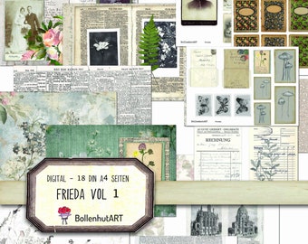 FRIEDA Vol. 1, Digital Papier Set - 18 DIN A4 Seiten - Sofortiger Download - Junk Journal, Scrapbooking, DIY Handwerk, Kreativ Papier Set