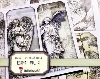 ROBINA VOL 2, Gelprint, Junk Journal Basic Paper, Angel, Botanical Paper Collection, 14 pages, DIN A4, Scrapbook, digital download, Angel