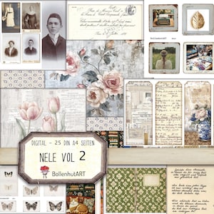 NELE Vol. 2 - Junk Journal Kit, 25 DIN A4 Seiten, Papier Download, Fotos, Sprüche, floral, Bücher, Schmetterlinge, Notizbücher, Scrapbook