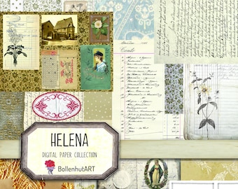 Könnte beinhalten: Eine digitale Papierkollektion mit dem Titel "HELENA" von BollenhutART. Die Kollektion bietet eine Vielzahl von Designs im Vintage-Stil, darunter florale Muster, handschriftliche Texte und altmodische Illustrationen.