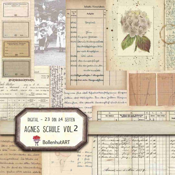 AGNES VOL 2, Schulheft, Junk Journal Basic Papier, Vintage Papier Collection, 23 Seiten, DIN A4, Collage, Scrapbook, digital Download