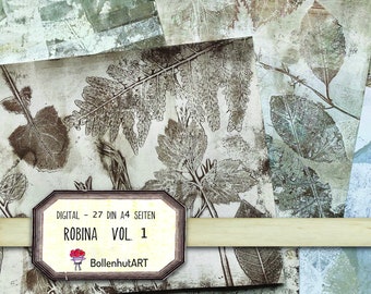 ROBINA VOL 1, Gelprint, Junk Journal Basic Papier, Botanical Papier Collection, 27 Seiten, DIN A4, Collage, Scrapbook, digital Download