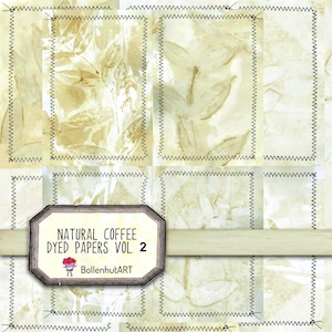 May include: A set of 12 coffee dyed papers with a natural, earthy tone. The papers are arranged in a grid pattern and have a stitched border. The papers are perfect for crafting, scrapbooking, and other art projects. The text "NATURAL COFFEE DYED PAPERS VOL. 2" and "BollenhutART" is visible on the image.