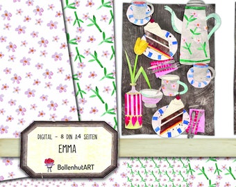 EMMA, Collage, Kaffee und Kuchen Collage, süße Blumen Collage, Blumen Illustration, digitales Papier, DIN A4, Scrapbook, digital Download