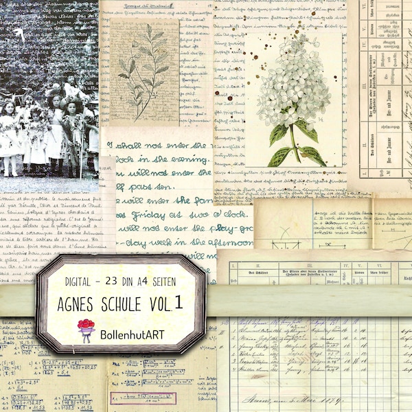 AGNES VOL 1, Schulheft, Junk Journal Basic Papier, Vintage Papier Collection, 23 Seiten, DIN A4, Collage, Scrapbook, digital Download