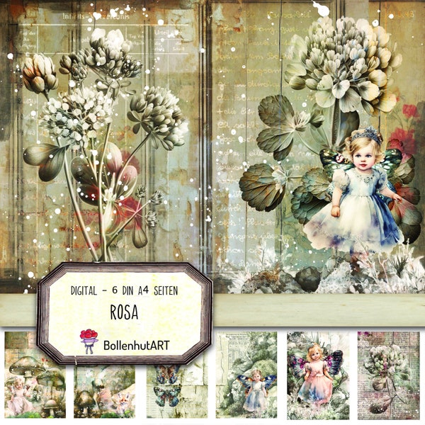 ROSA, Whimsical Feen Elfen, botanische Seiten, märchenhaft, Blumen, Fee, Junk Journal Basic Papier, DIN A4, Scrapbook, digital Download