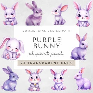 Minimalist Purple Bunny Clipart | 23 PNGs | Cute Purple Rabbit Illustrations | Kawaii Bunny Graphics | Transparent Background | Nursery Art