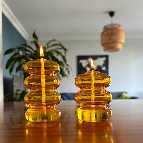 Hand Blown Amber Glass Oil Lamp Pair Set Unique Decor Night Light for Aesthetic Room  Perfect Table Desk Decor and Gift Cottage Core Style