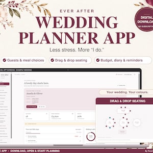May include: A digital wedding planner app interface displayed on a laptop screen. The dashboard features sections for guest lists, meal choices, drag and drop seating, budget tracking, and reminders. The design uses a white and dark red colour palette with floral accents.