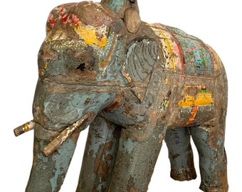 Antique Large Elephant and Rider Wood Sculpture
