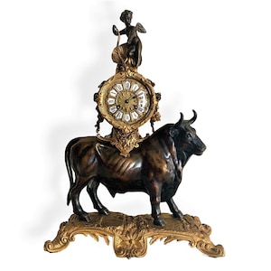French Cupid and Bull Mantle Clock - Antique Gilt & Patinated Bronze Figural Clock - 19th C. "Le Taureau" Bronze Mantle Clock - Napoleon III