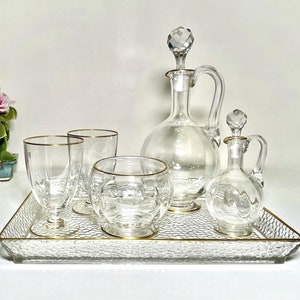 Baccarat Crystal Liquor Service Set - 6x Antique French Gilt Crystal Decanter Set - Baccarat Carafes Glasses Bowl Tray Bedside Vanity Set