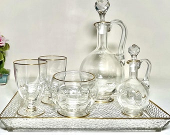 Baccarat Crystal Liquor Service Set - 6x Antique French Gilt Crystal Decanter Set - Baccarat Carafes Glasses Bowl Tray Bedside Vanity Set