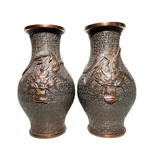 Pair of Dragon Bronze Vases - Antique Japanese Three-Clawed Dragon Baluster Vases - Pair Oriental High Relief Dragon Urns Asian Bronze Art